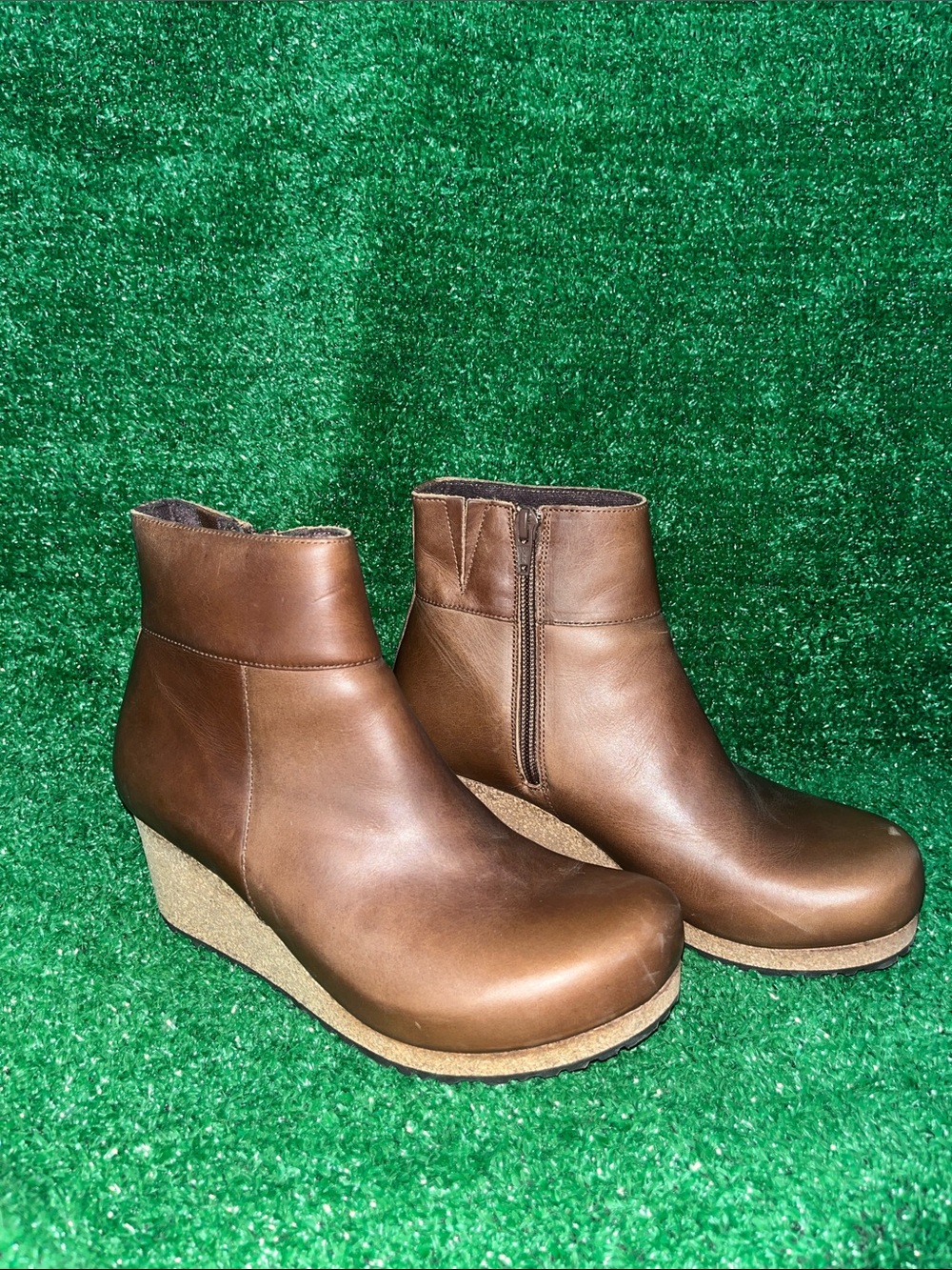 Birkenstock Papillio Women's Tan Leather Cork Wedge Ebba Boots Size 7 Boho